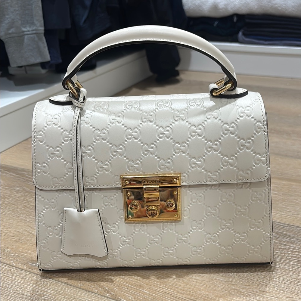 Gucci White Leather Satchel with Gold Accents